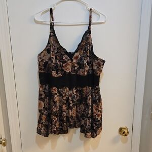 Torrid 1x Black and Brown Floral Cami w/ Lace Mid Detail